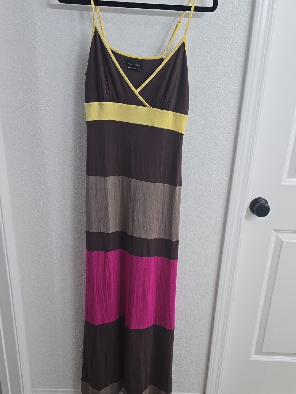 Max & Cleo Striped Spaghetti‑Strap Maxi Dress in Brown, Pink & Yellow